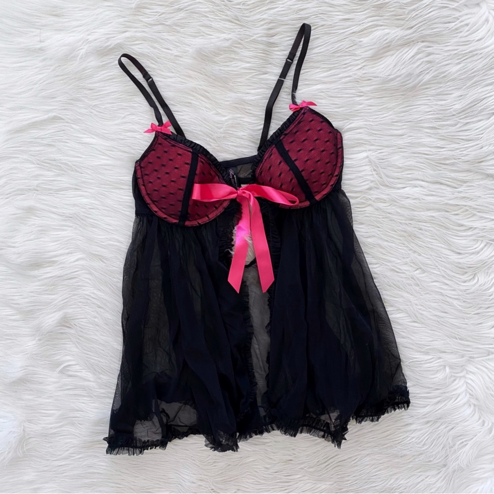 Victorias Secret Black Pink Babydoll Mesh Peekaboo Lingerie Nighty 34B